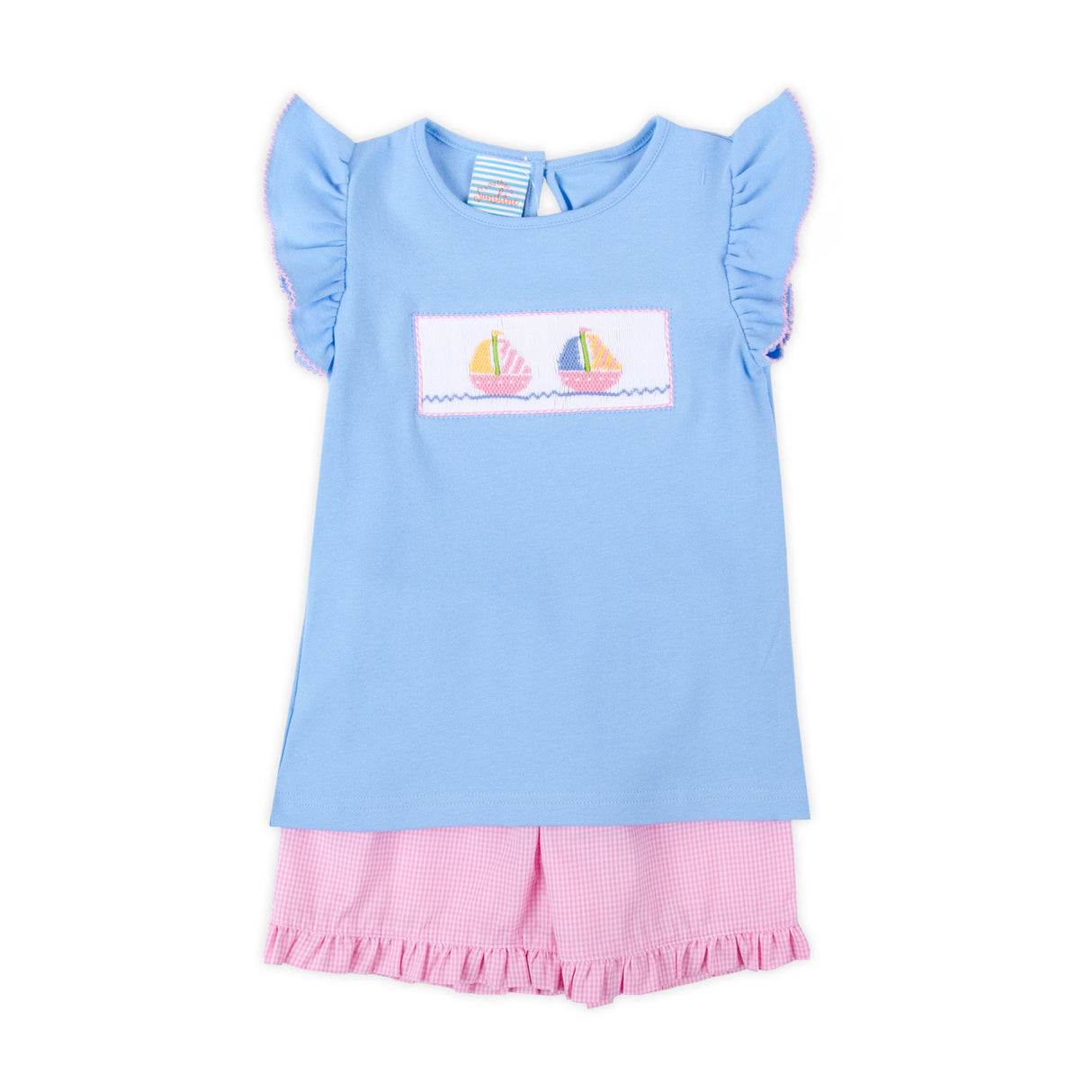 Sailboat Bliss Smocked Pink Gingham Angel Sleeve Short Set