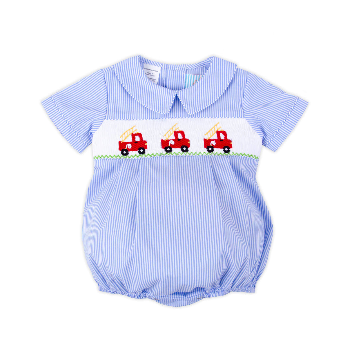 Fire Truck Light Blue Stripe Smocked Collared Bubble