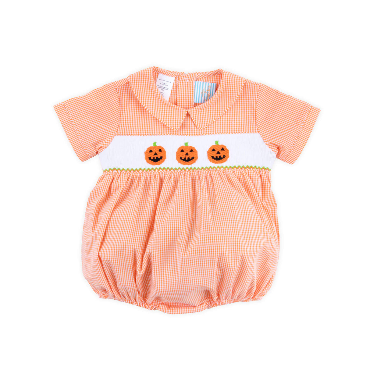 Trio Jack O Lantern Smocked Orange Gingham Collared Bubble