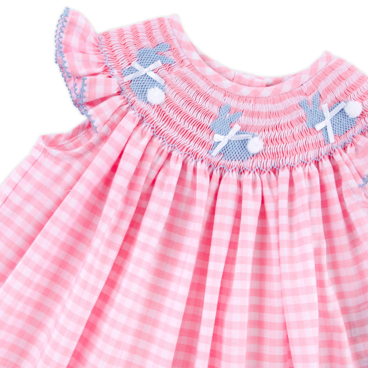 Bunny Tail Smocked Pink Gingham Angel Sleeve Dress