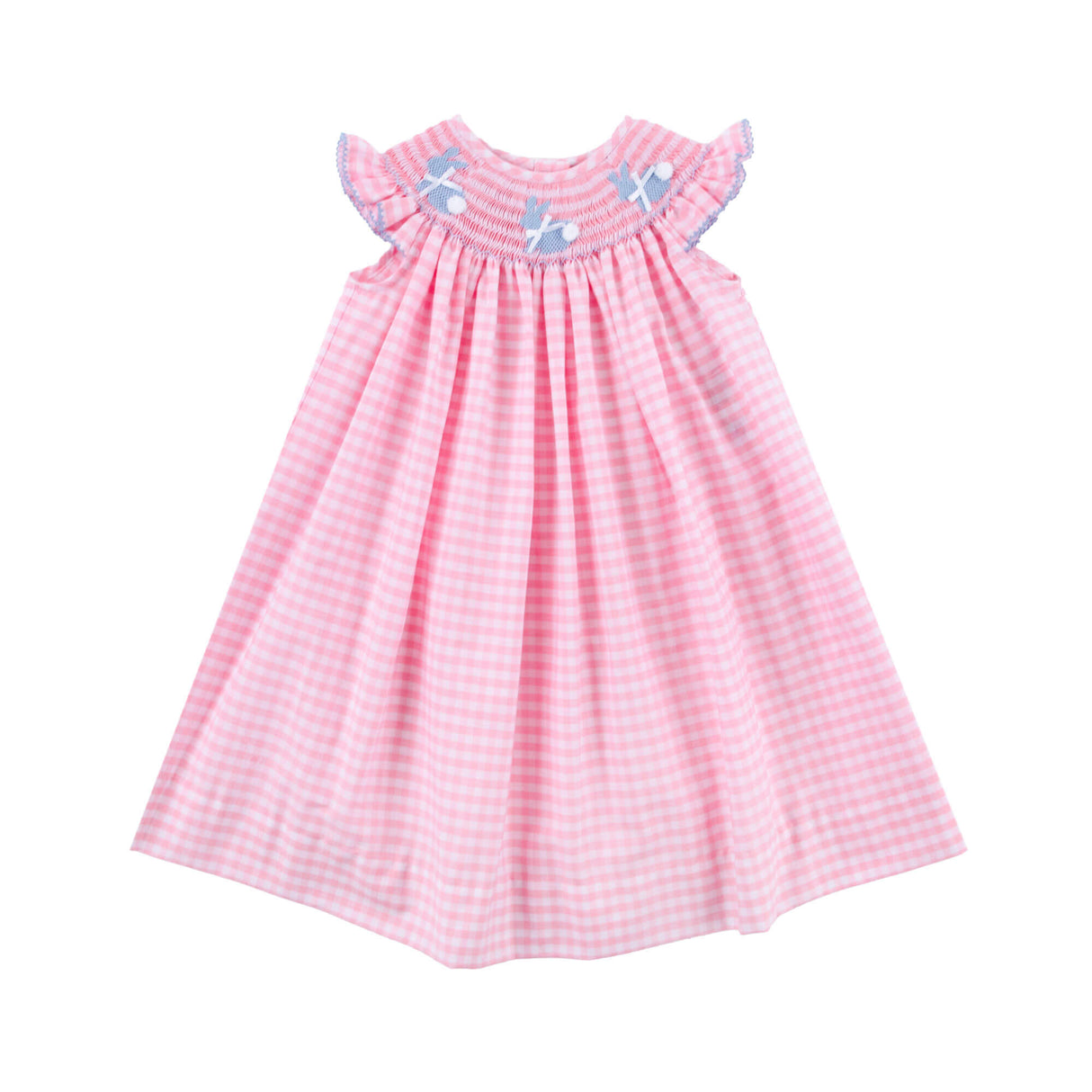 Bunny Tail Smocked Pink Gingham Angel Sleeve Dress