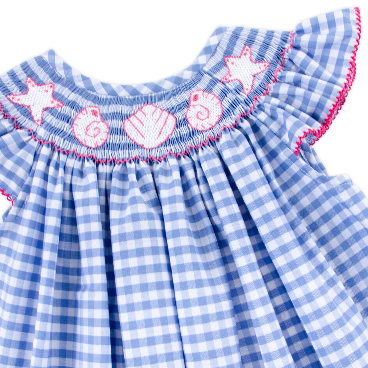 Seashells Paradise Smocked Blue Gingham Angel Sleeve Dress