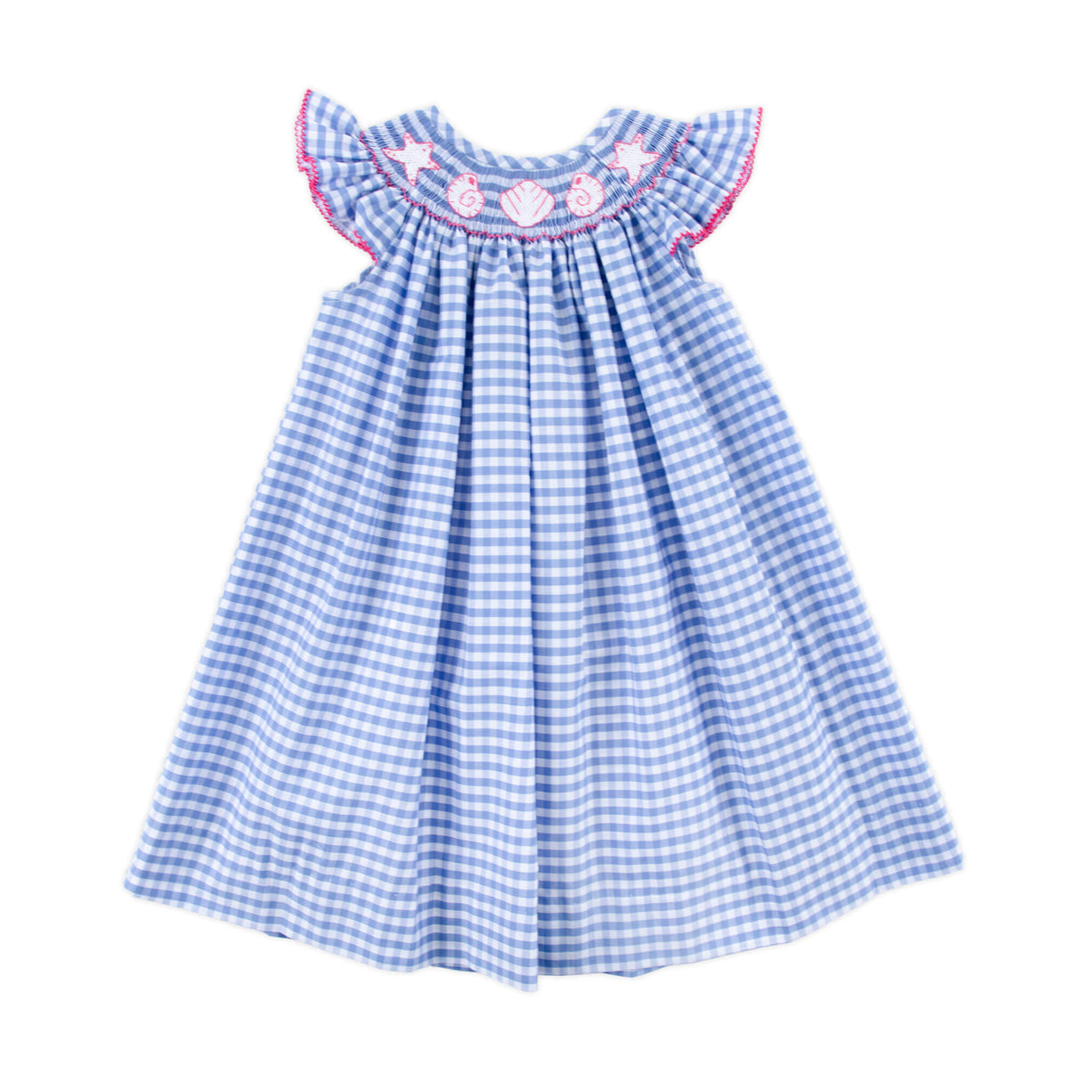Seashells Paradise Smocked Blue Gingham Angel Sleeve Dress
