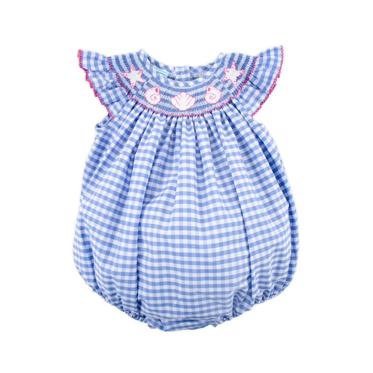 Seashells Paradise Smocked Blue Gingham Angel Sleeve Bubble