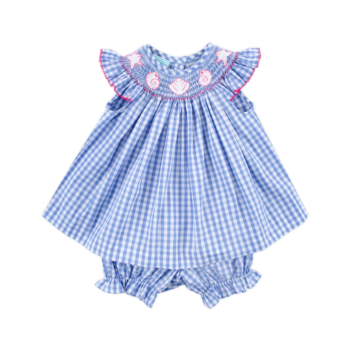 Seashells Paradise Smocked Blue Gingham Angle Sleeve Bloomer Set