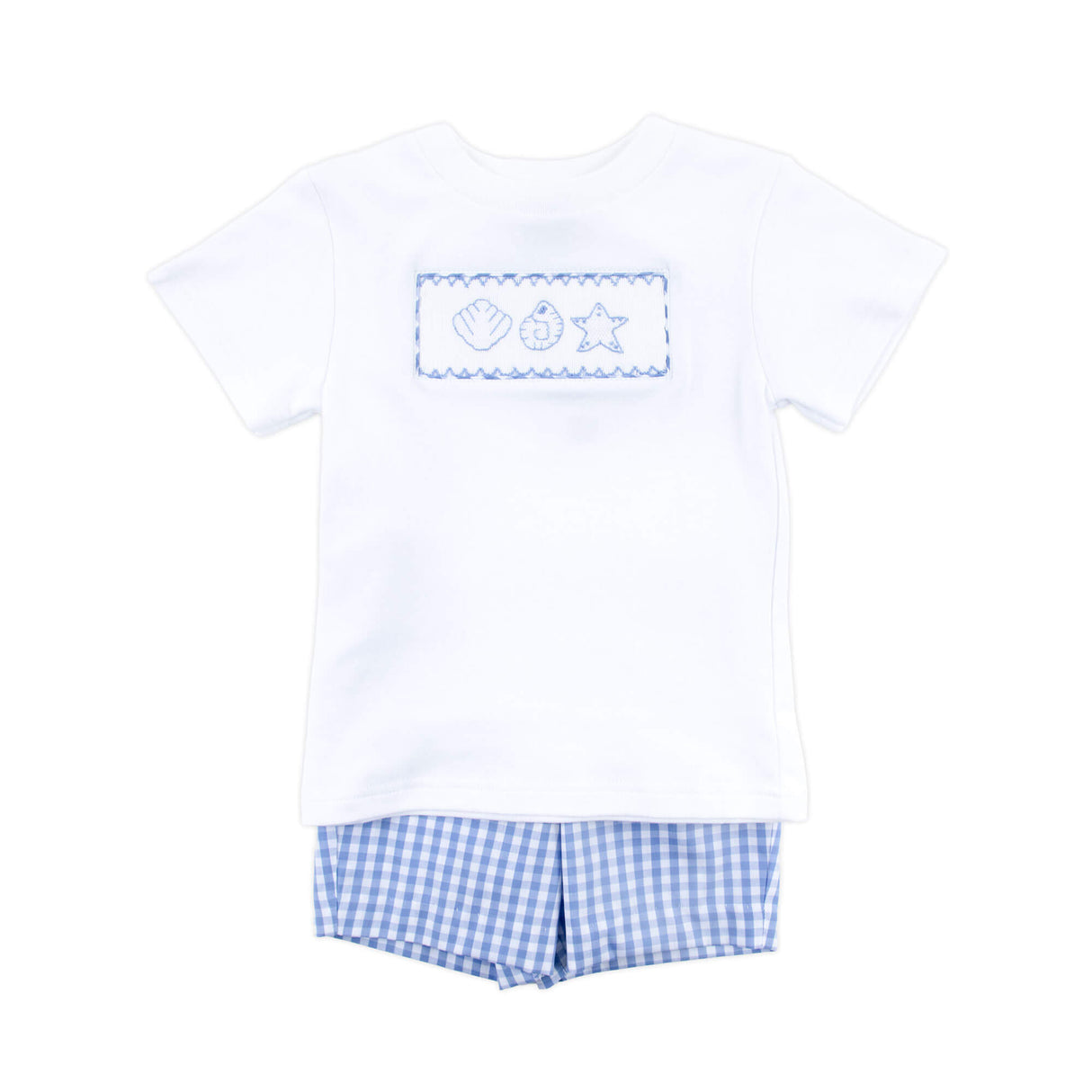 Seashell Smocked Blue Gingham Short Set
