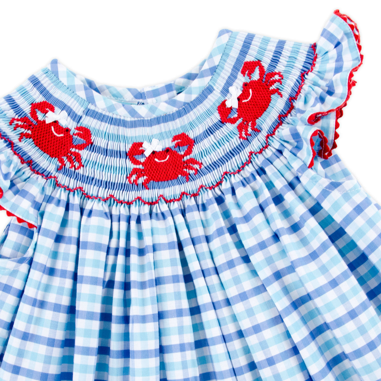 Crab Trio Smocked Blue Plaid Angel Sleeve Dress