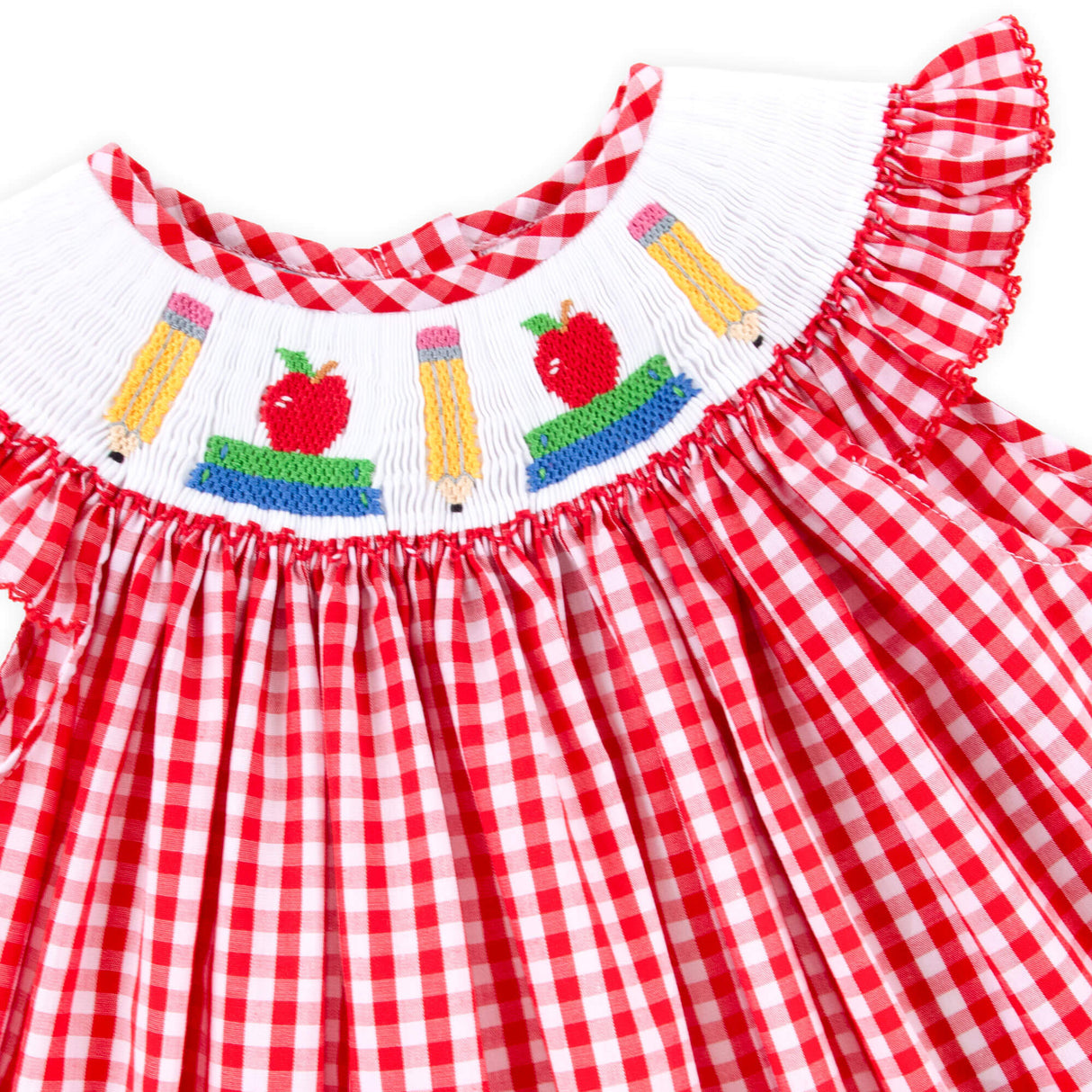 Bright School Year Smocked Red Gingham Angel Sleeve Bubble