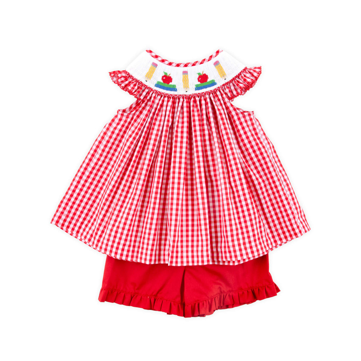 Bright School Year Smocked Red Gingham Angel Sleeve Short Set