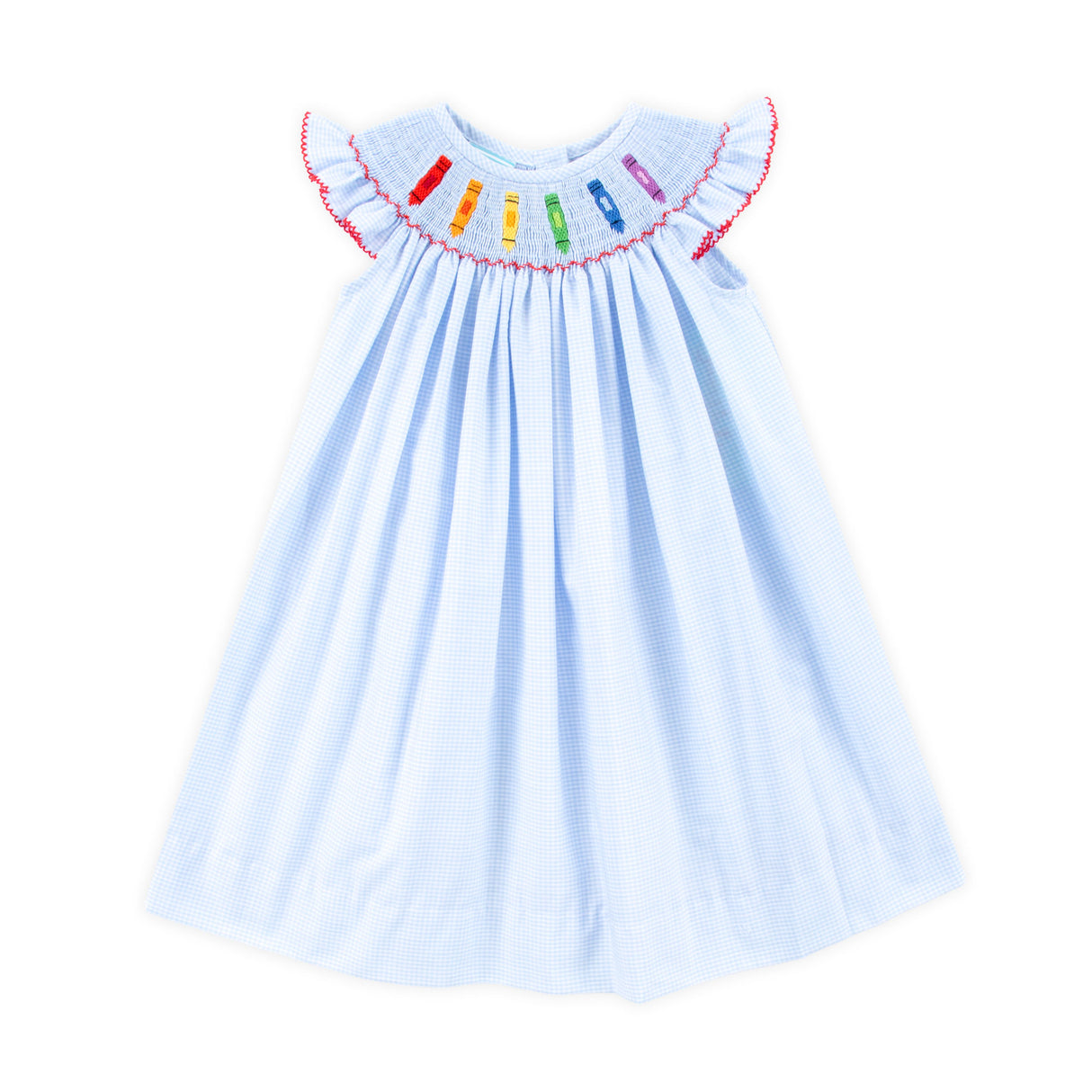 Colorful Crayon Smocked Blue Gingham Angel Sleeve Dress