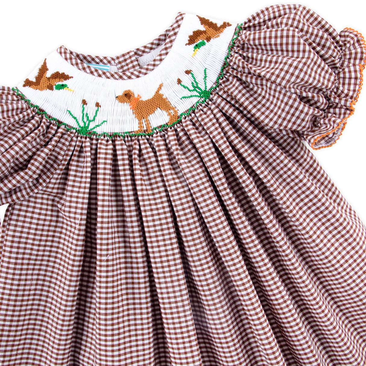 Mallard & Dog Smocked Brown Gingham Bishop Dress