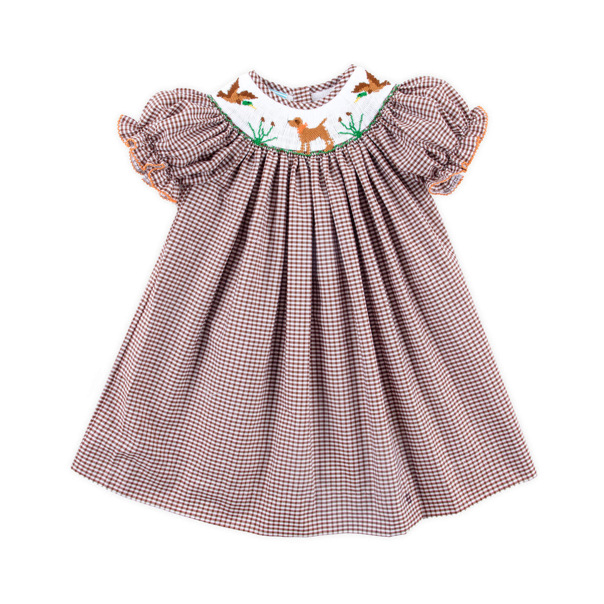 Mallard & Dog Smocked Brown Gingham Bishop Dress
