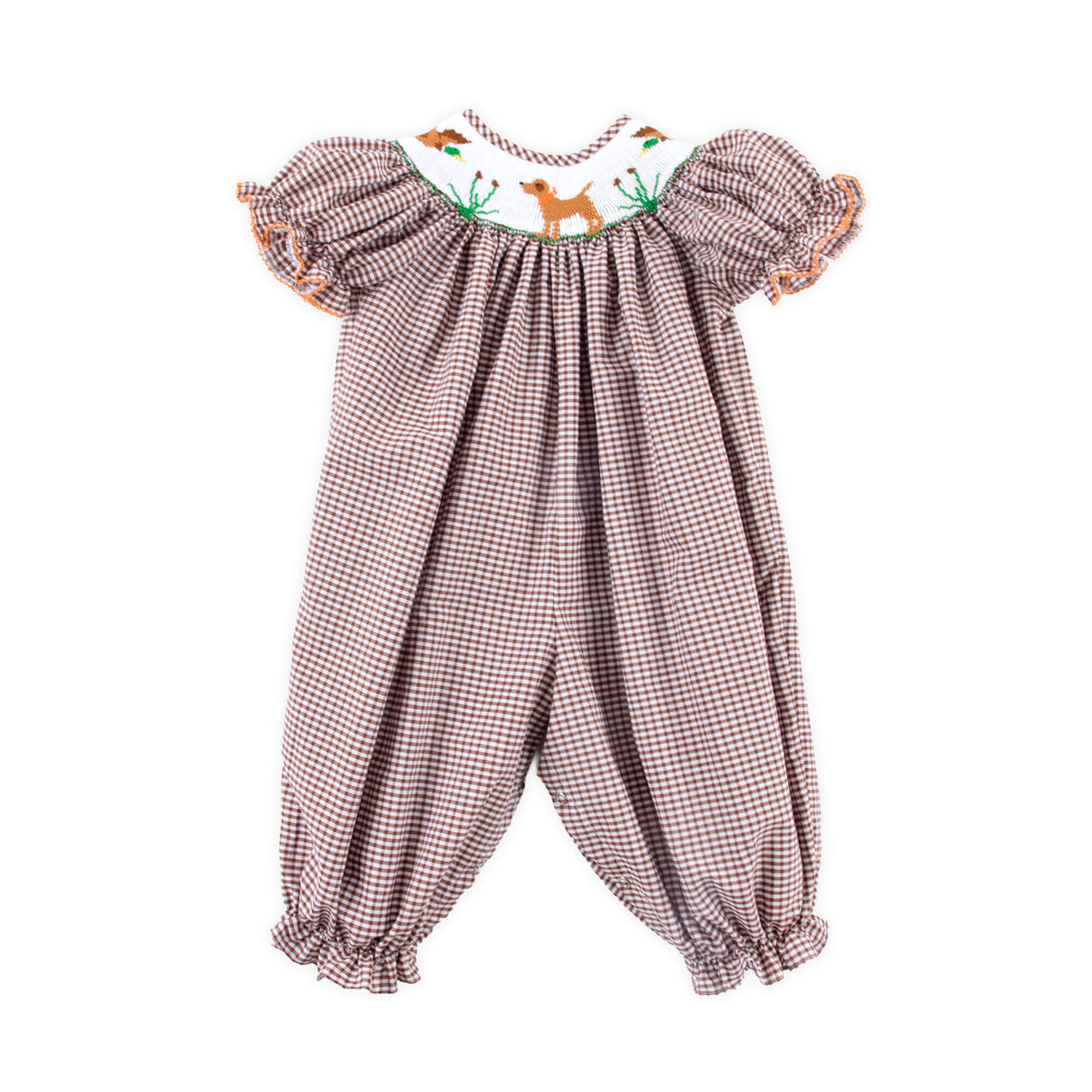 Mallard & Dog Smocked Brown Gingham Long Bubble