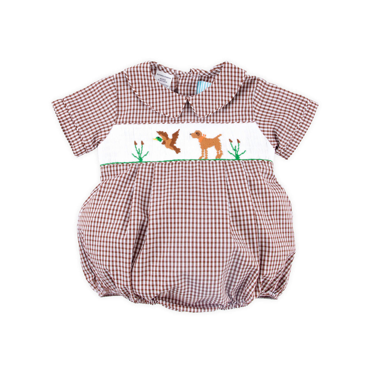 Mallard & Dog Smocked Brown Gingham Collared Bubble