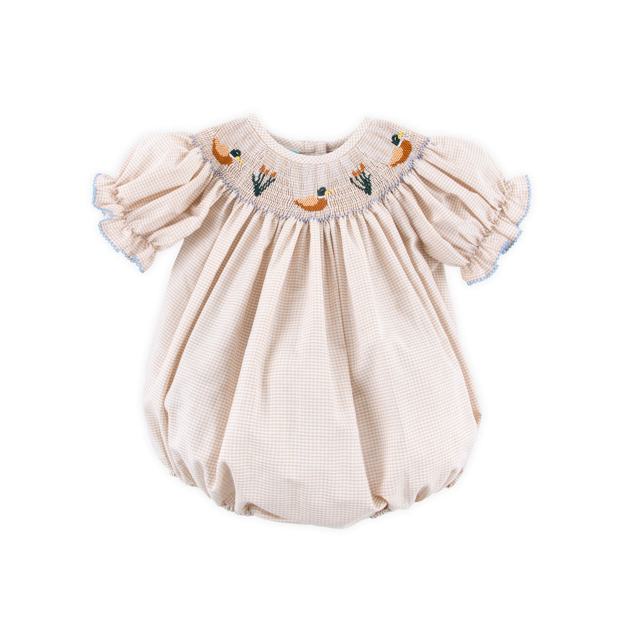 Mallard Smocked Tan Gingham Bishop Bubble