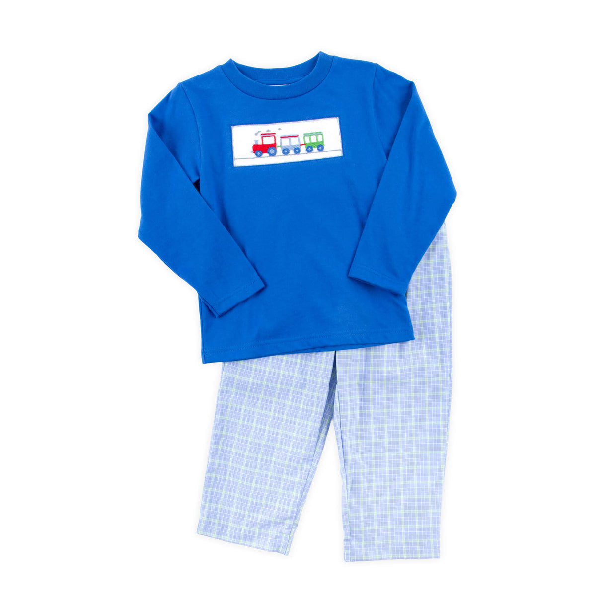 Train Smocked Blue Plaid Pant Set