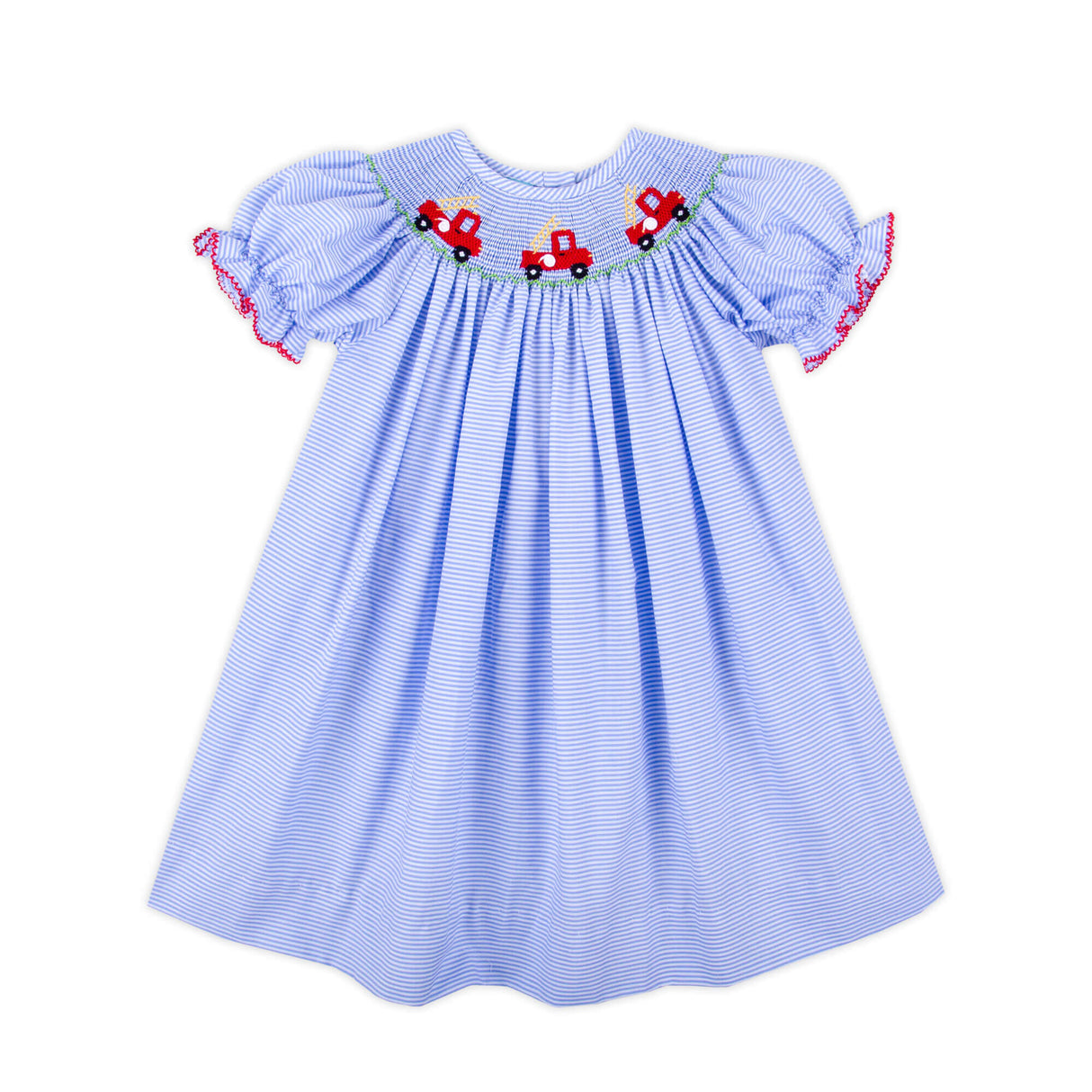 Fire Truck Light Blue Stripe Smocked Bishop Dress