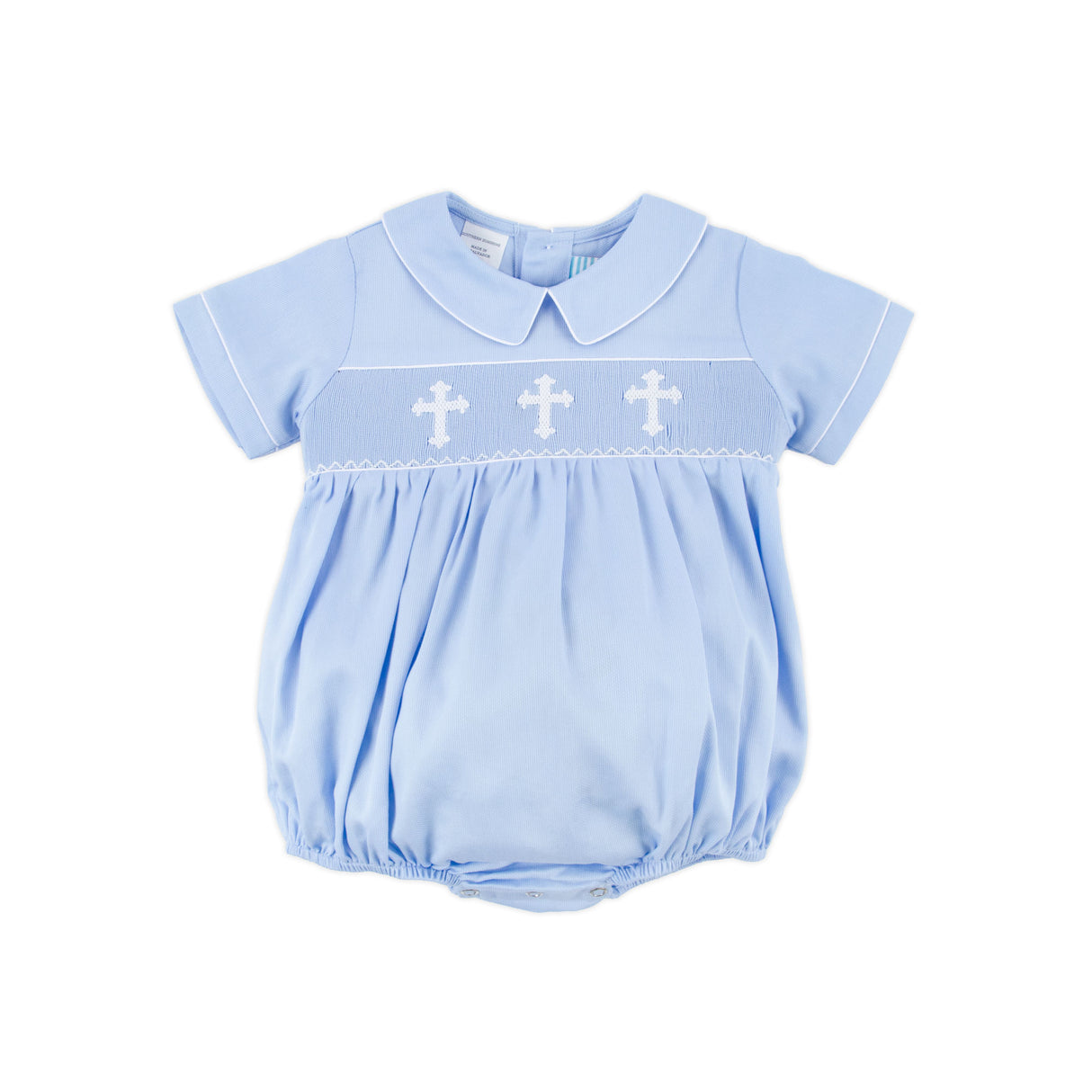Cross Smocked Light Blue Pique Boy Bubble