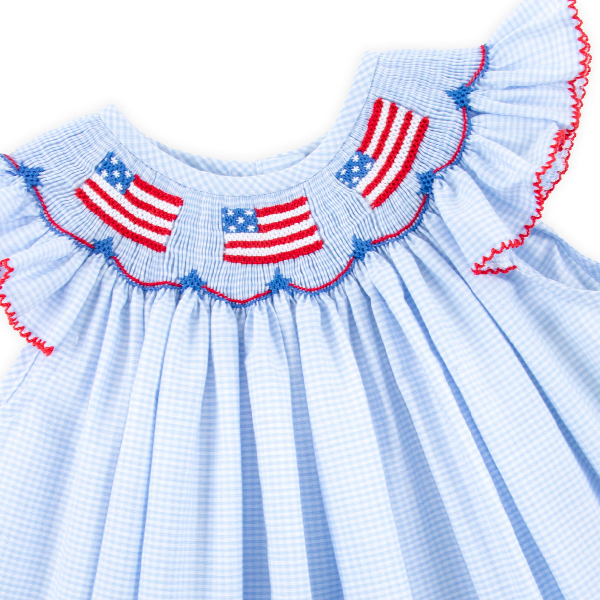 Light Blue Gingham Flag Smocked Bubble
