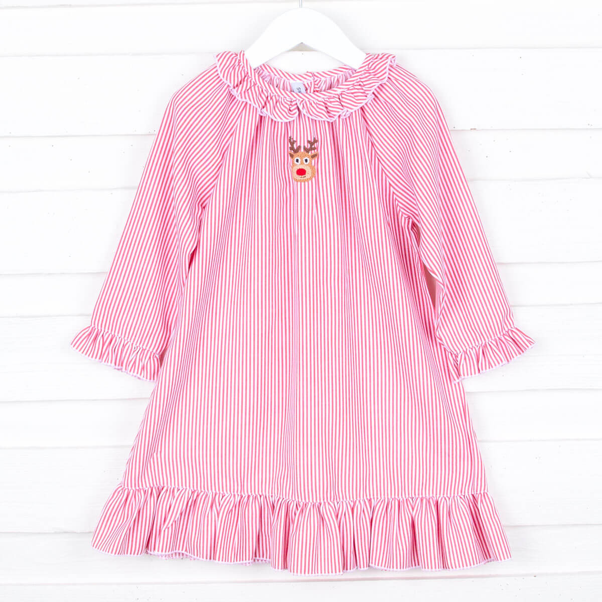 Rudolph Embroidered Red Stripe Nightgown