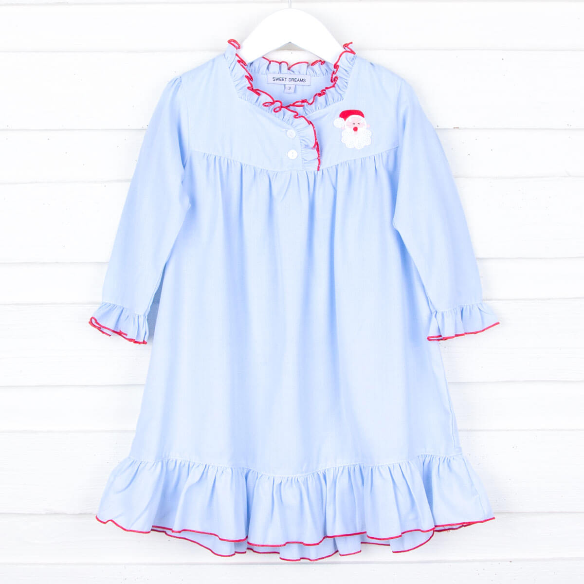 Santa Embroidered Long Sleeve Blue Nightgown