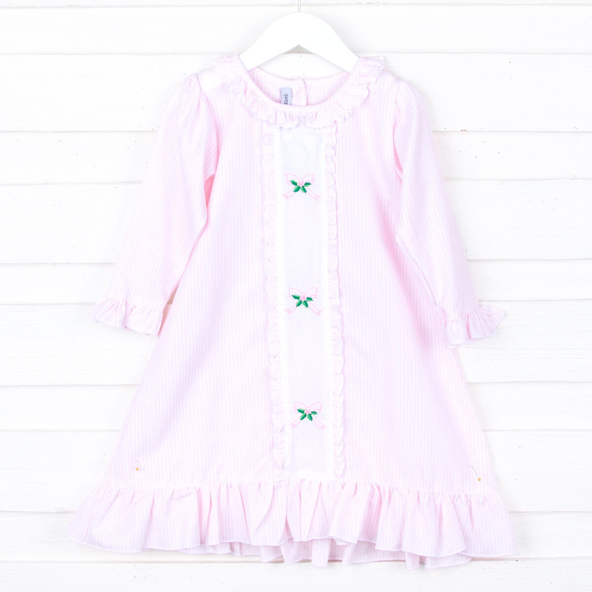 Embroidered Holly and Bow Pink Nightgown