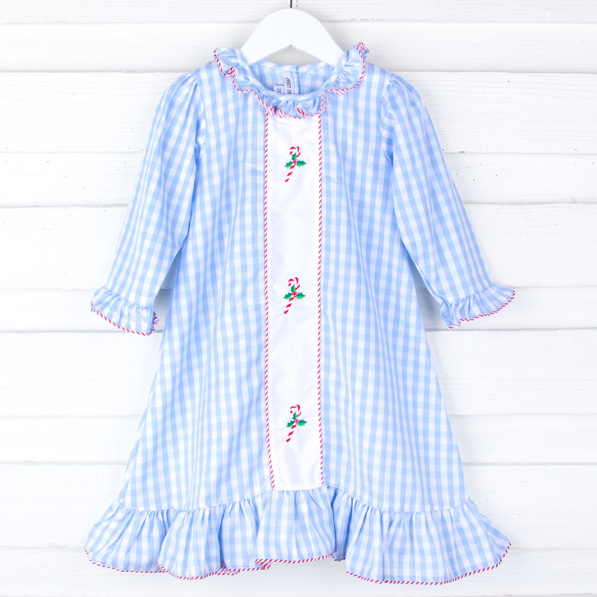 Candy Cane Embroidered Blue Gingham Nightgown