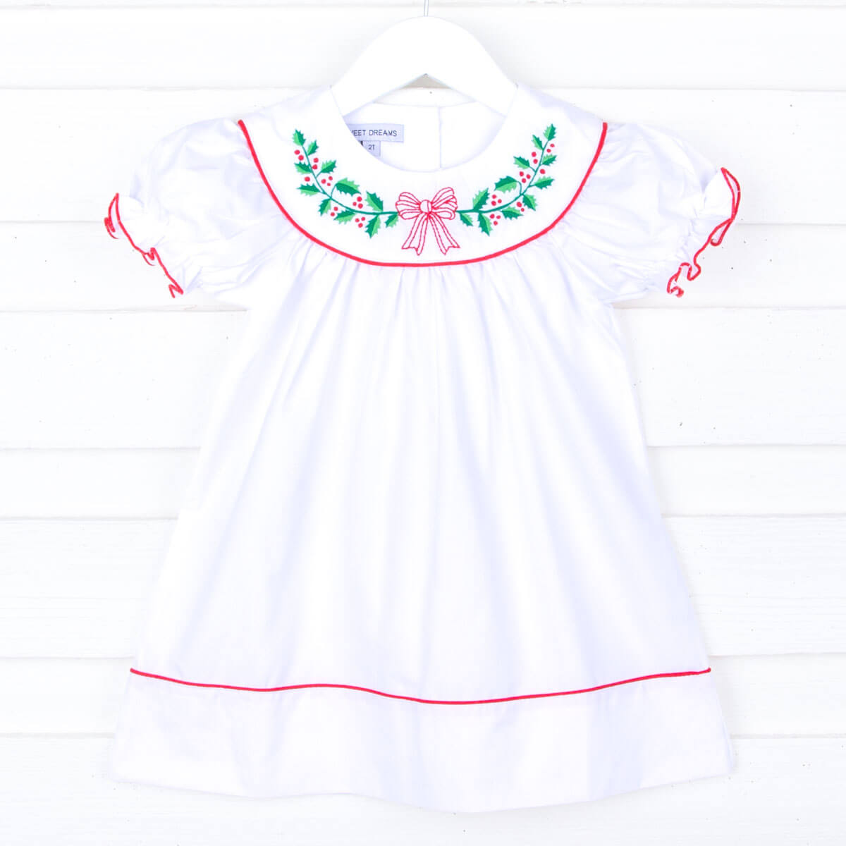 Embroidered Christmas Holly Bow Dress