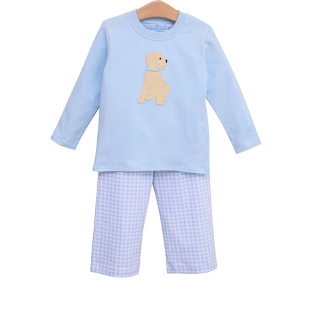 Puppy Light Blue Gingham Knit Pant Set