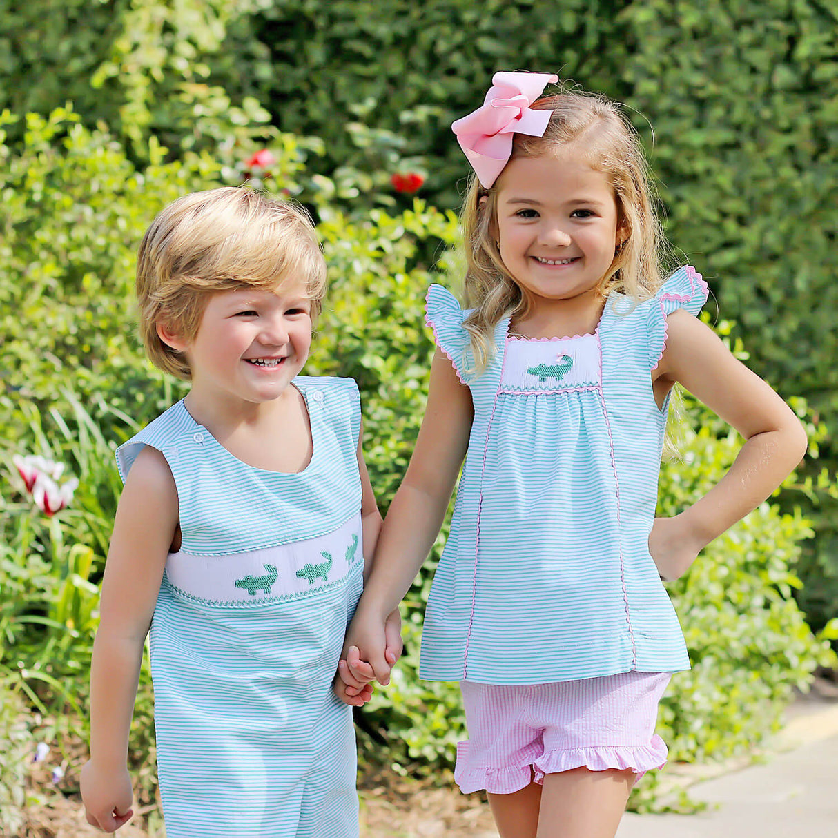 Green Seersucker Alligator Smocked Short Set