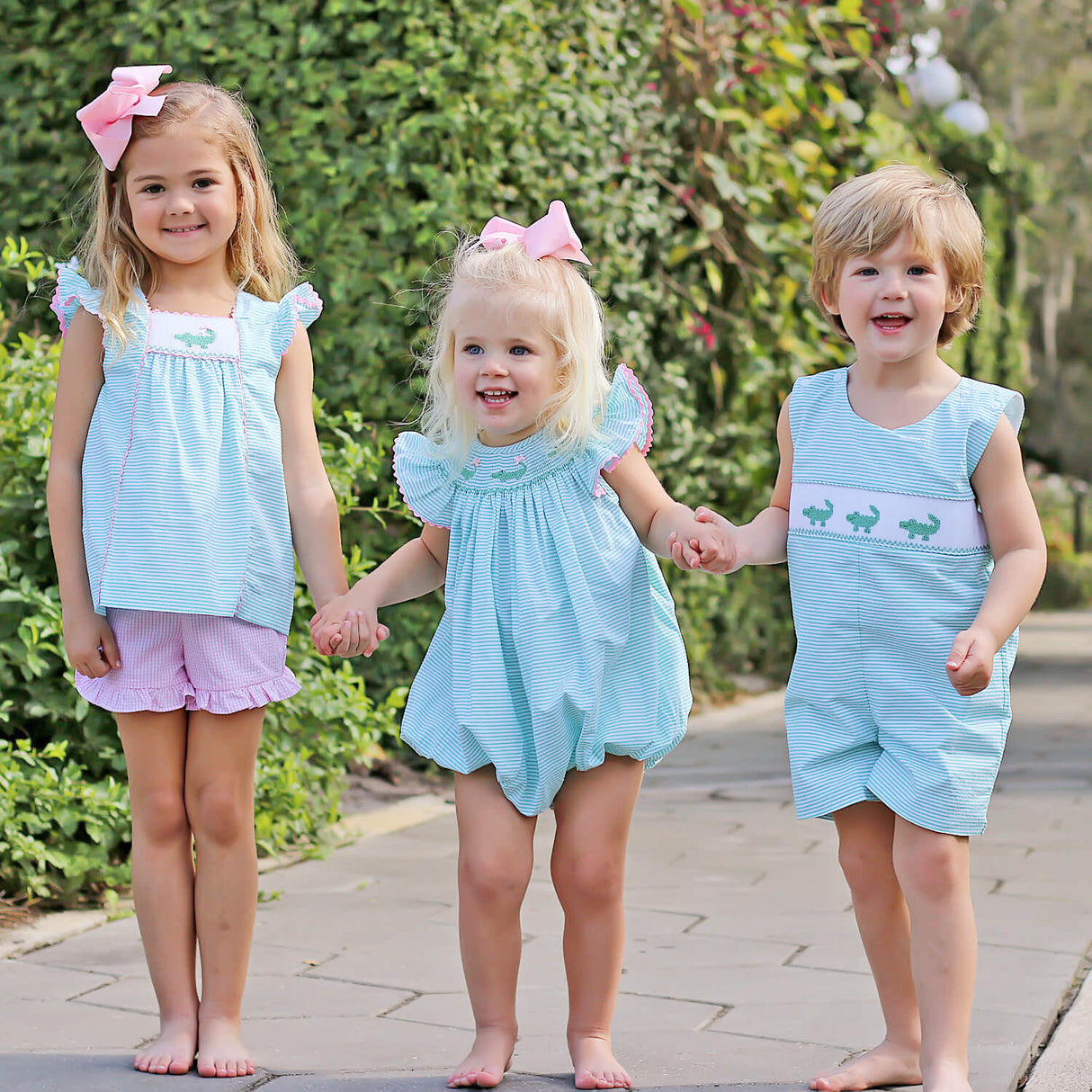 Green Seersucker Alligator Smocked Short Set