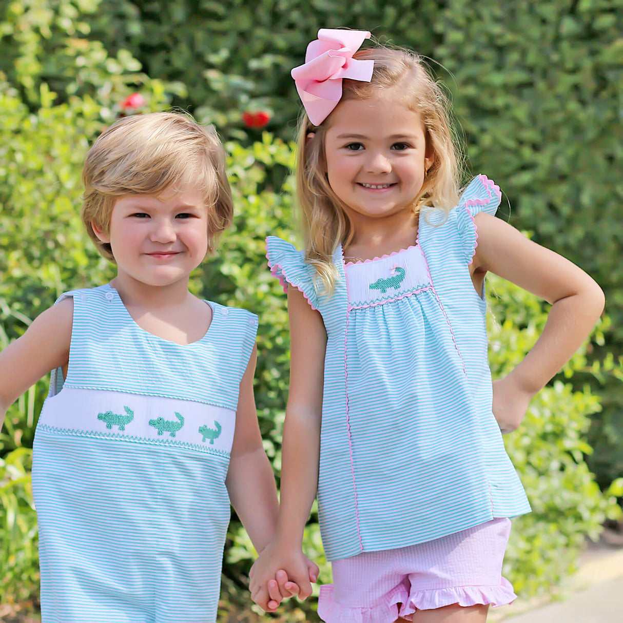 Green Seersucker Alligator Smocked Short Set
