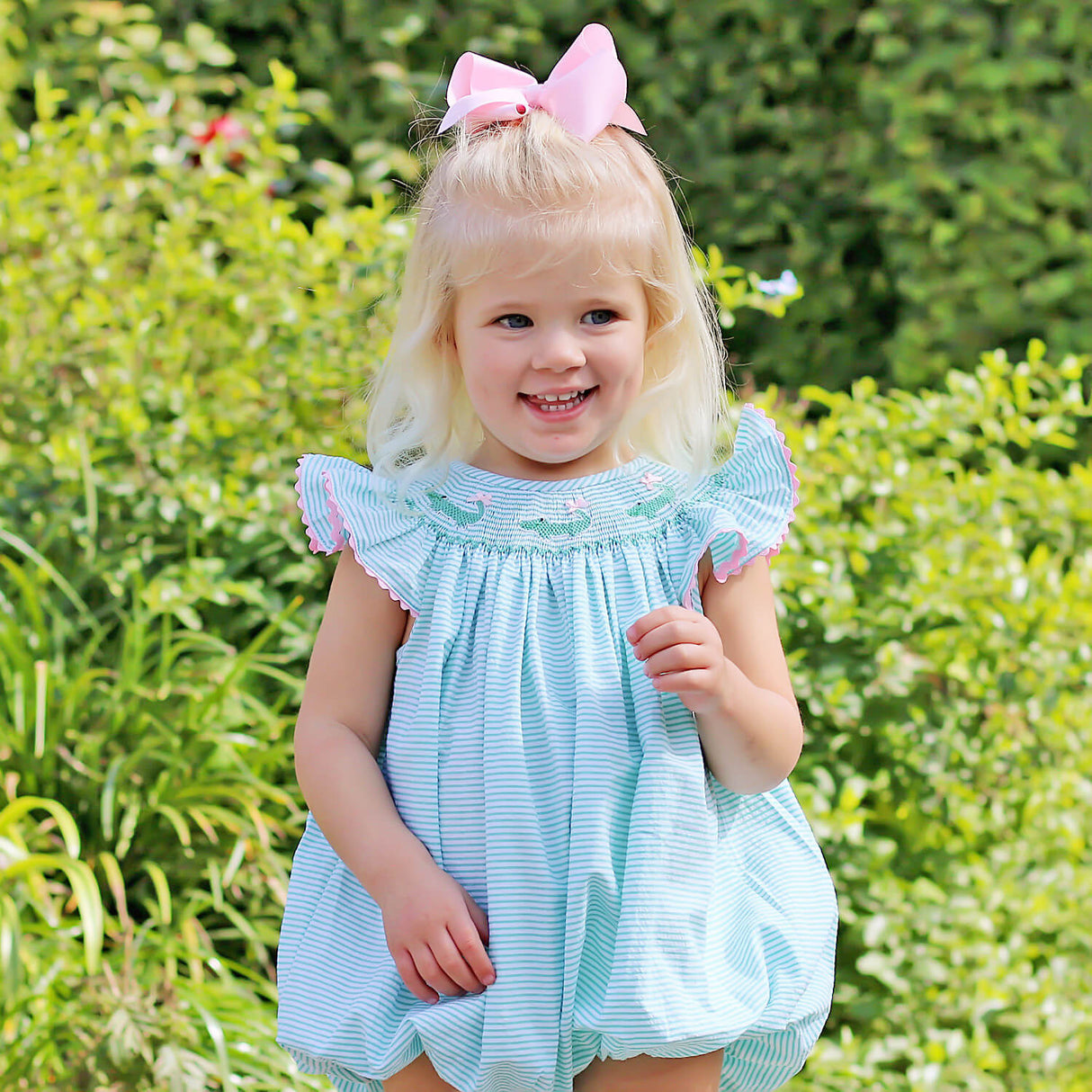 Green Seersucker Alligator Smocked Bubble