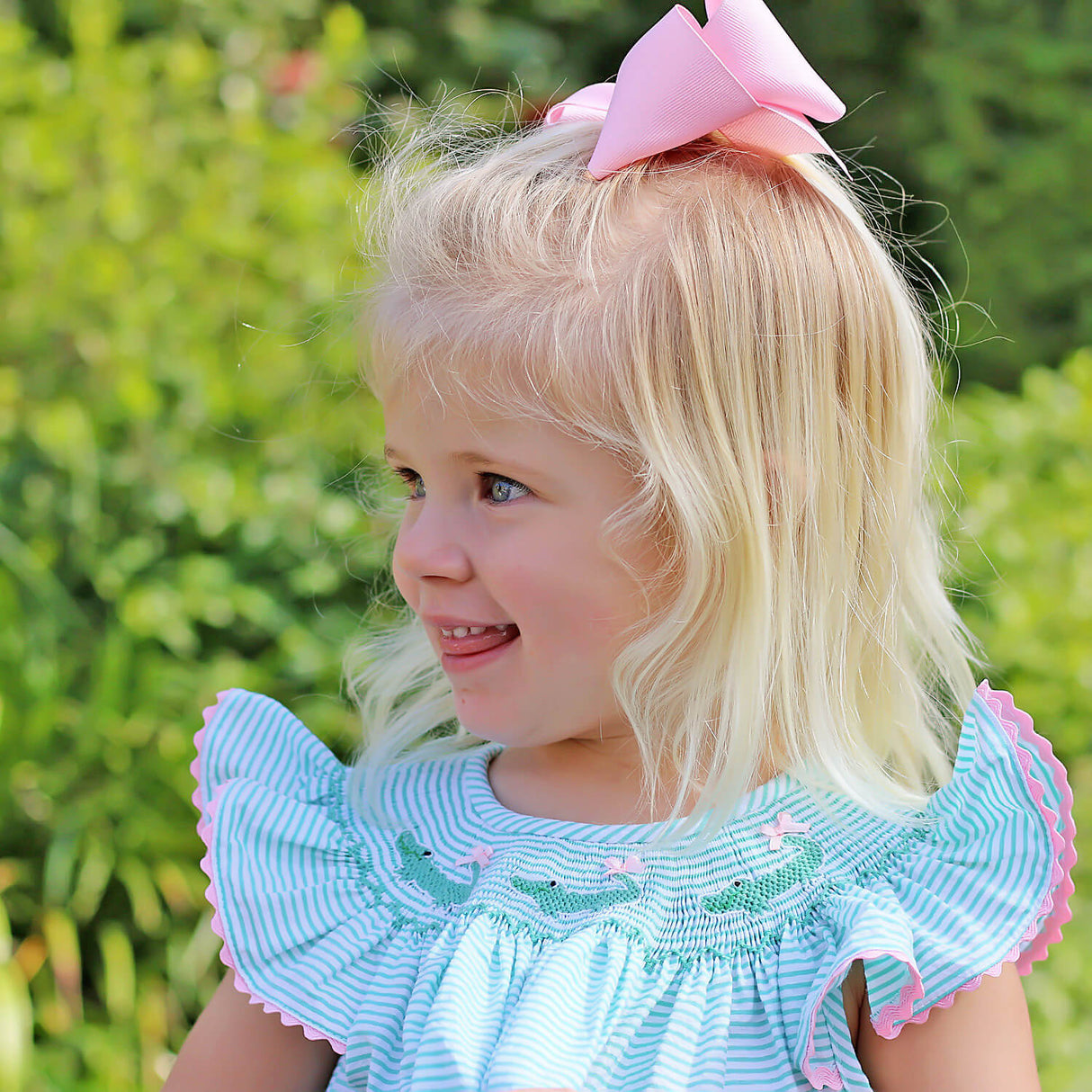 Green Seersucker Alligator Smocked Bubble