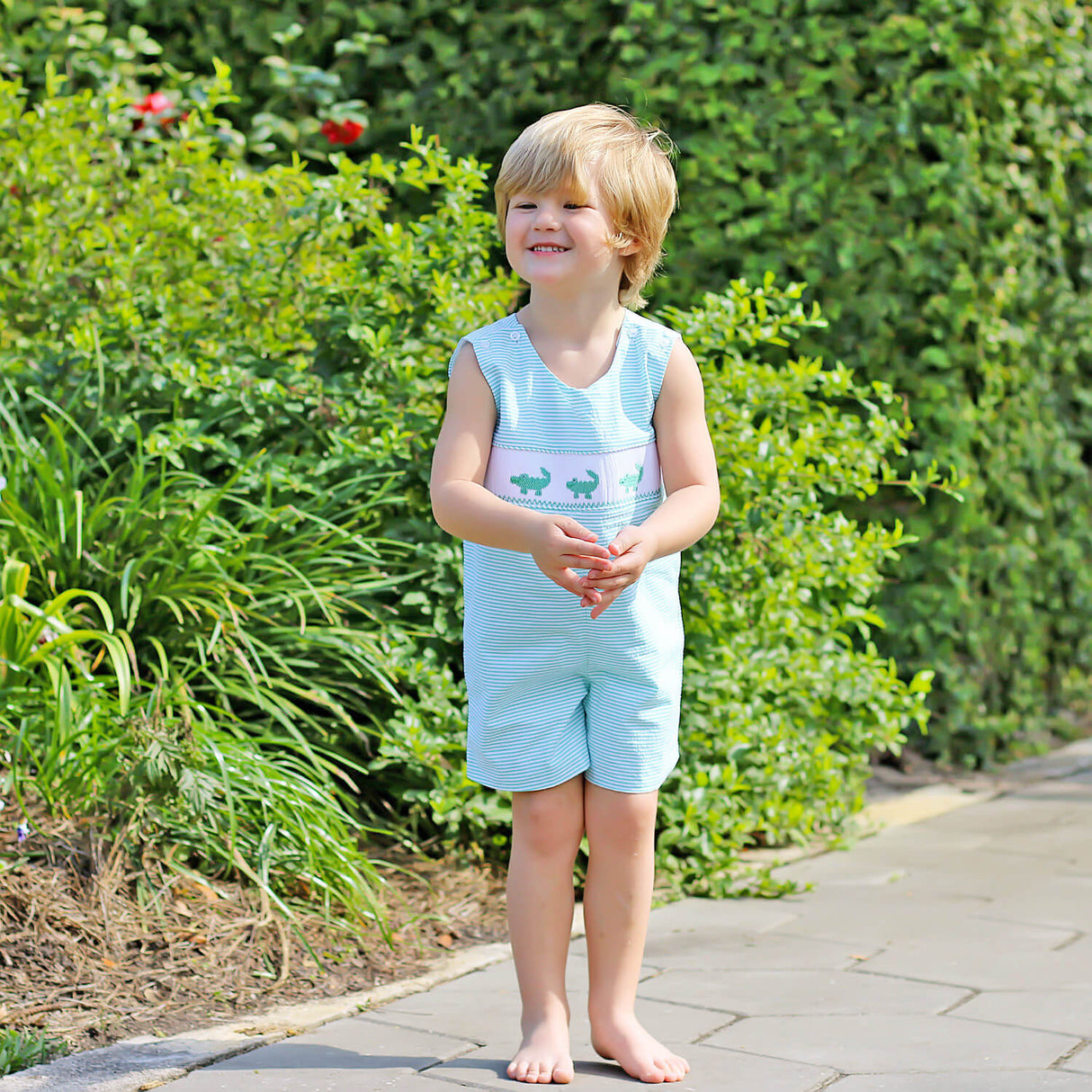 Green Seersucker Alligator Smocked Boy Jon Jon