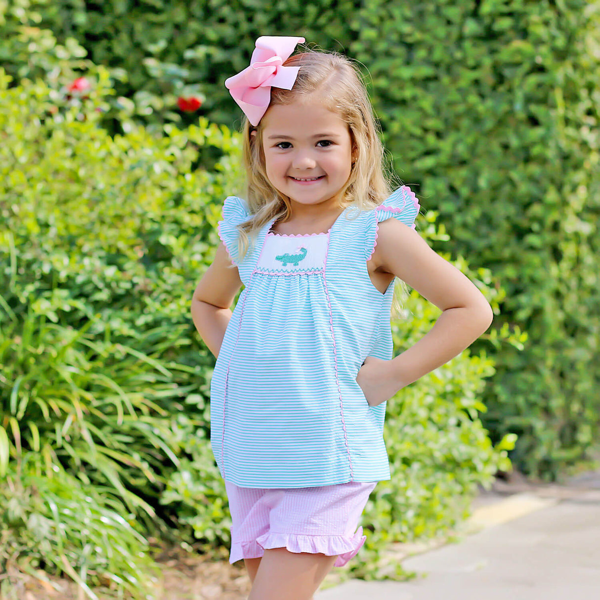 Green Seersucker Alligator Smocked Short Set