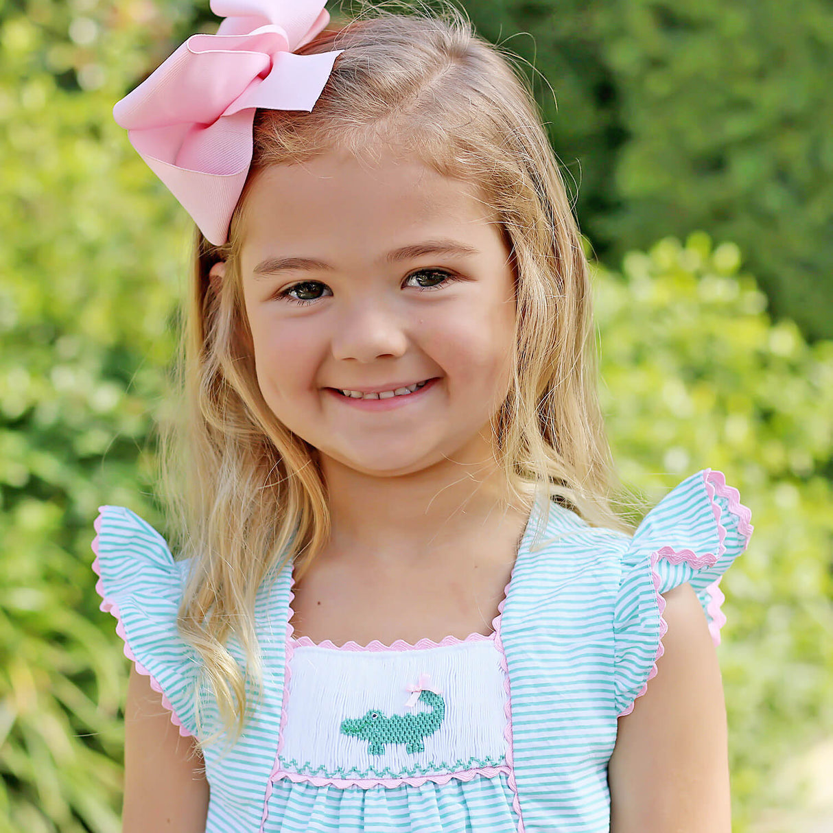 Green Seersucker Alligator Smocked Short Set