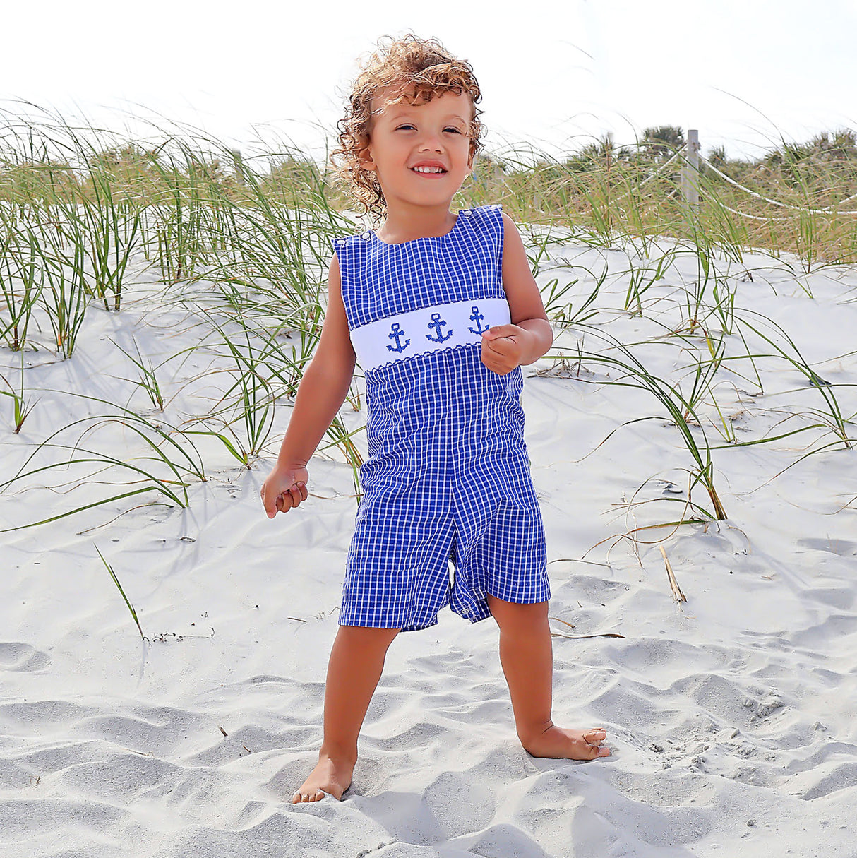 Anchor Smocked Blue Windowpane Jon Jon
