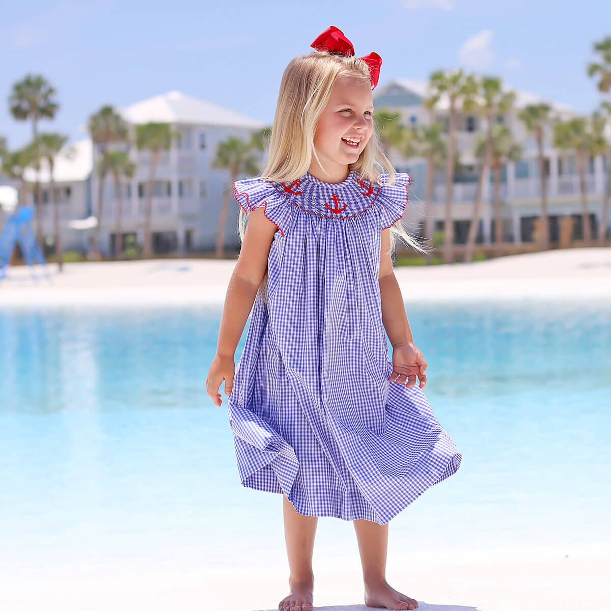 Red Anchor Smocked Royal Blue Dress