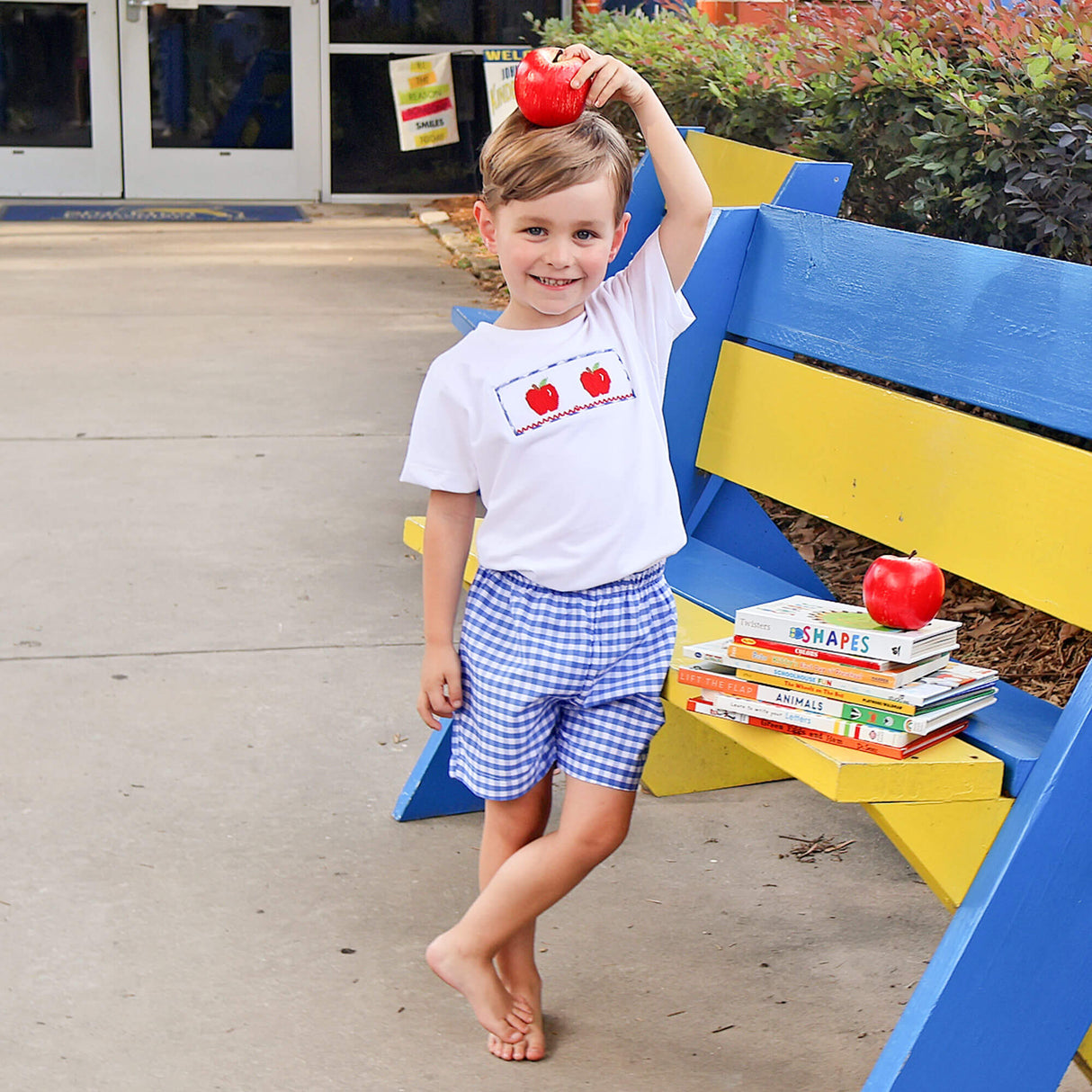 Red Apple Smocked Blue Gingham Short Set