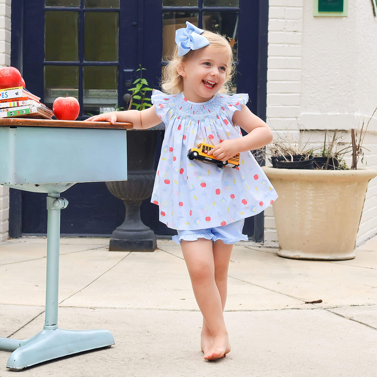 Back to School Smocked Blue Angel Sleeve Short Set