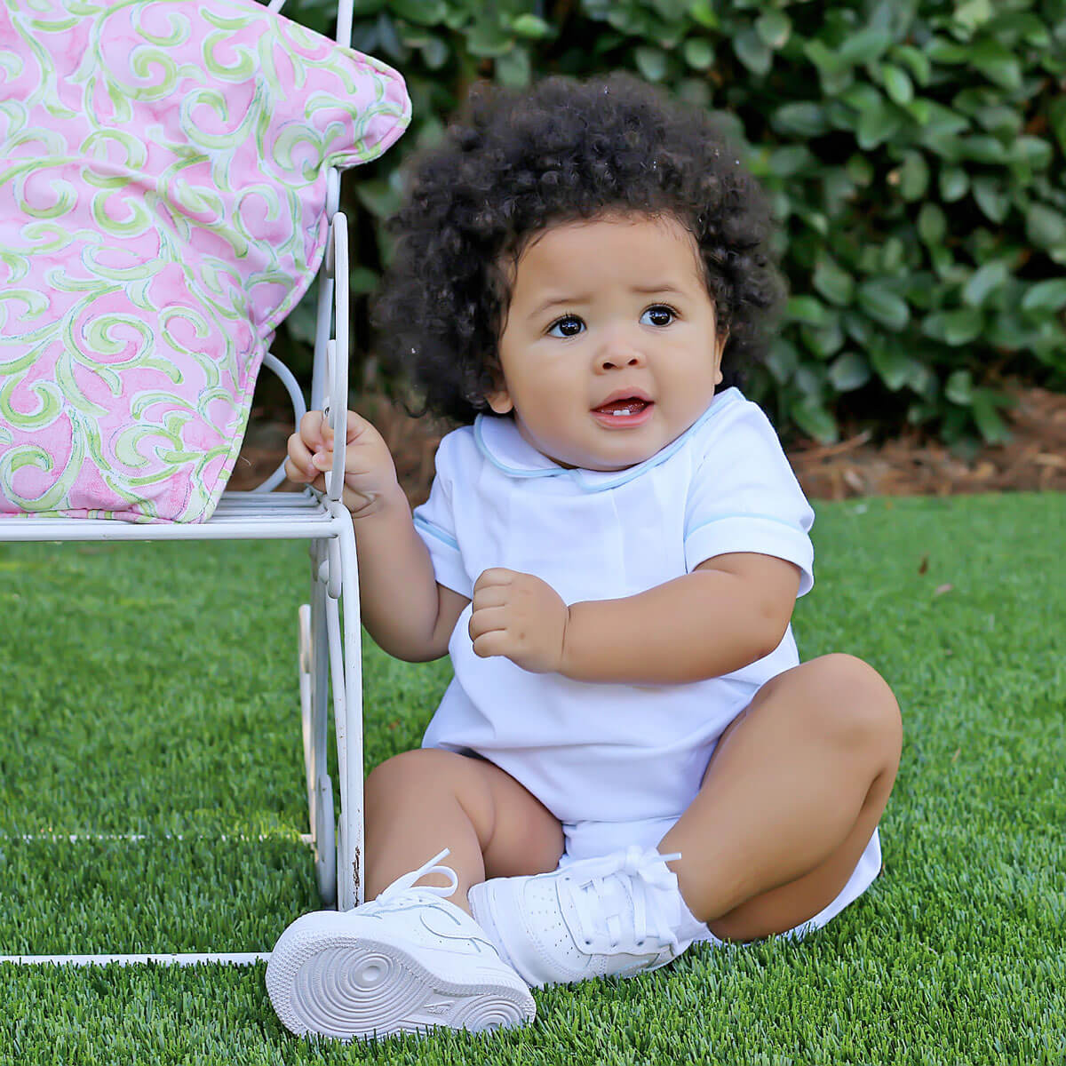 Solid White Blue Trim Collared Bubble