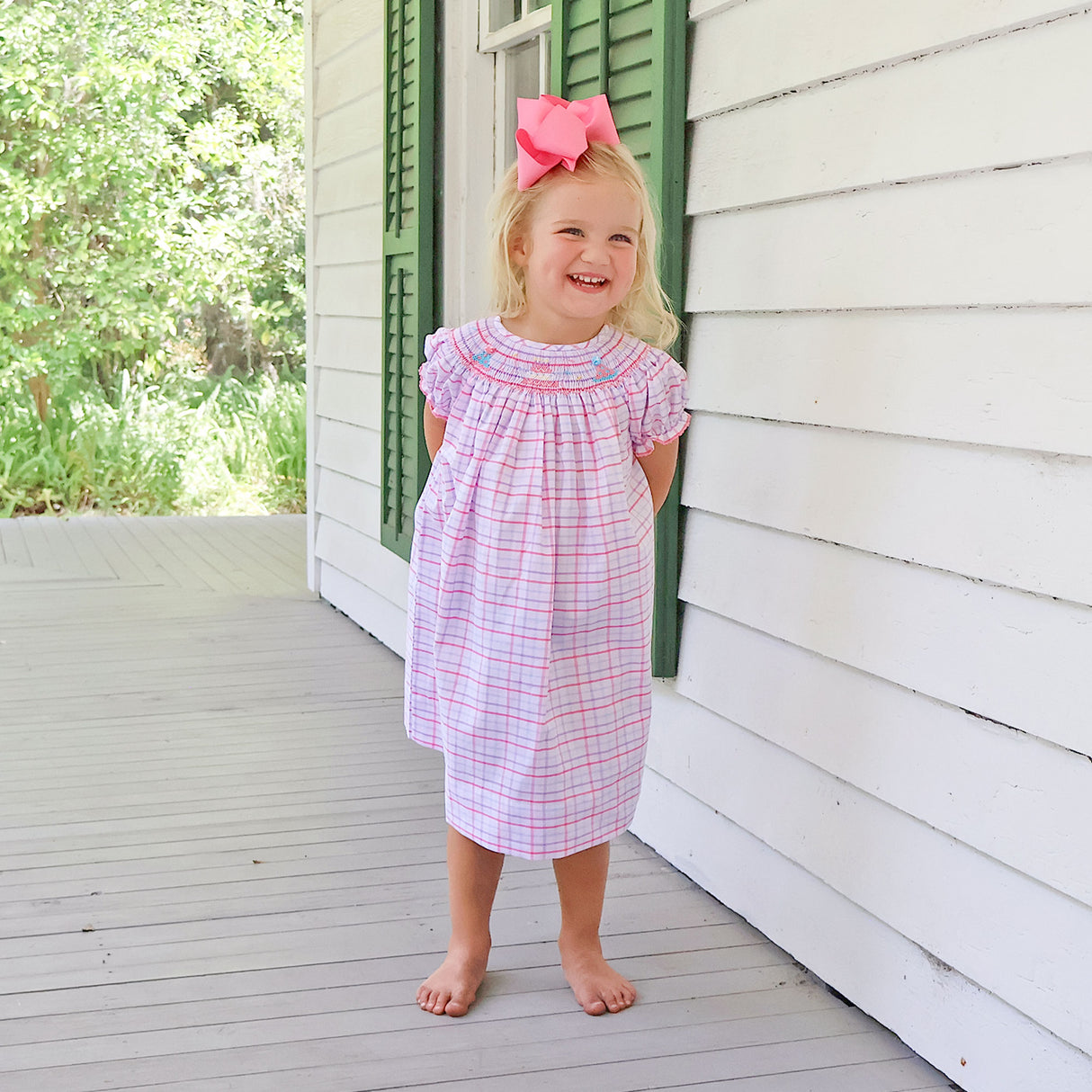 Birthday Celebration Smocked Rainbow Plaid Bishop Dress