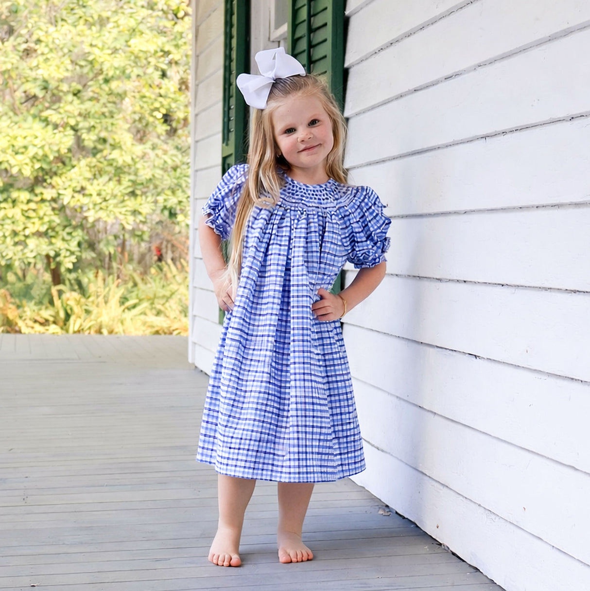 Summer Time Blue Gingham Smocked Bishop Dress