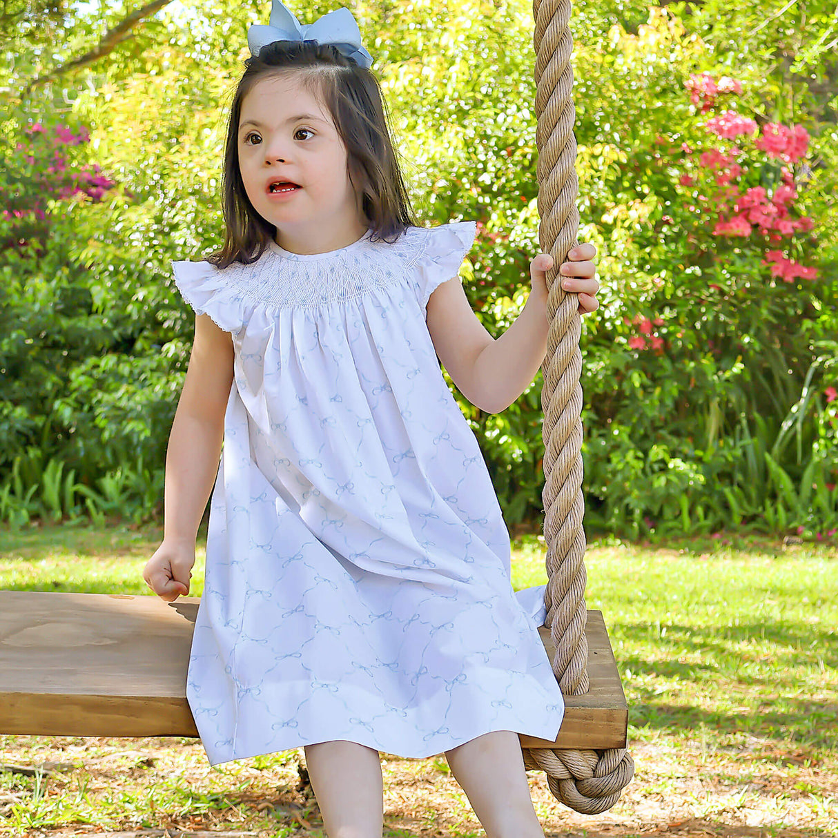 Little Blue Bow Smocked Angel Sleeve Dress
