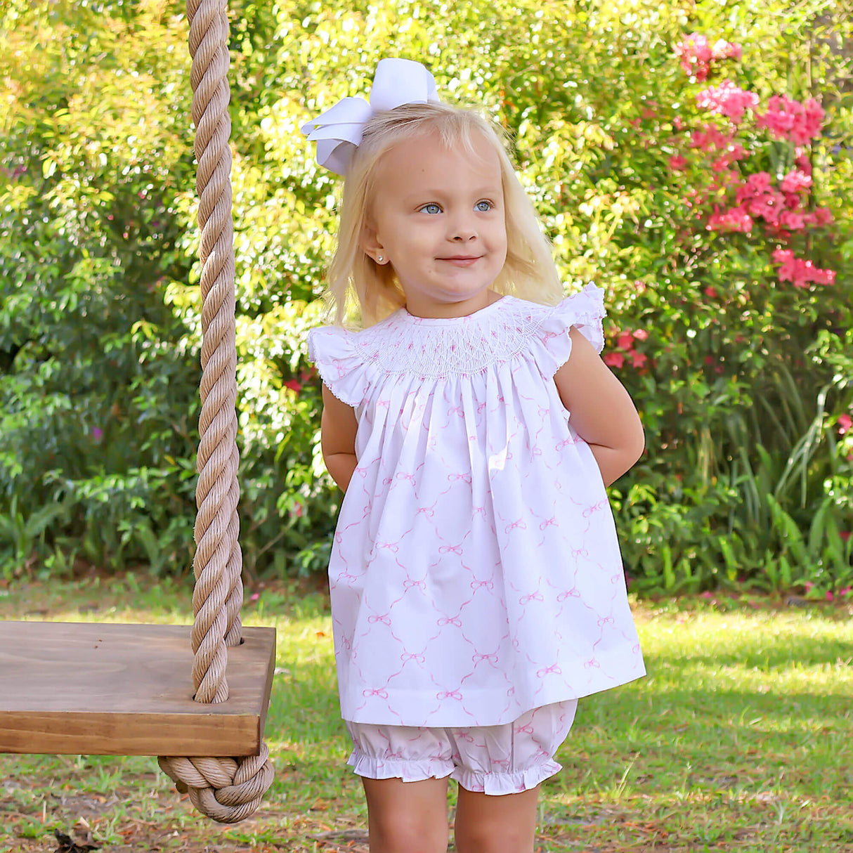 Little Pink Bow Smocked Angel Sleeve Bloomer Set