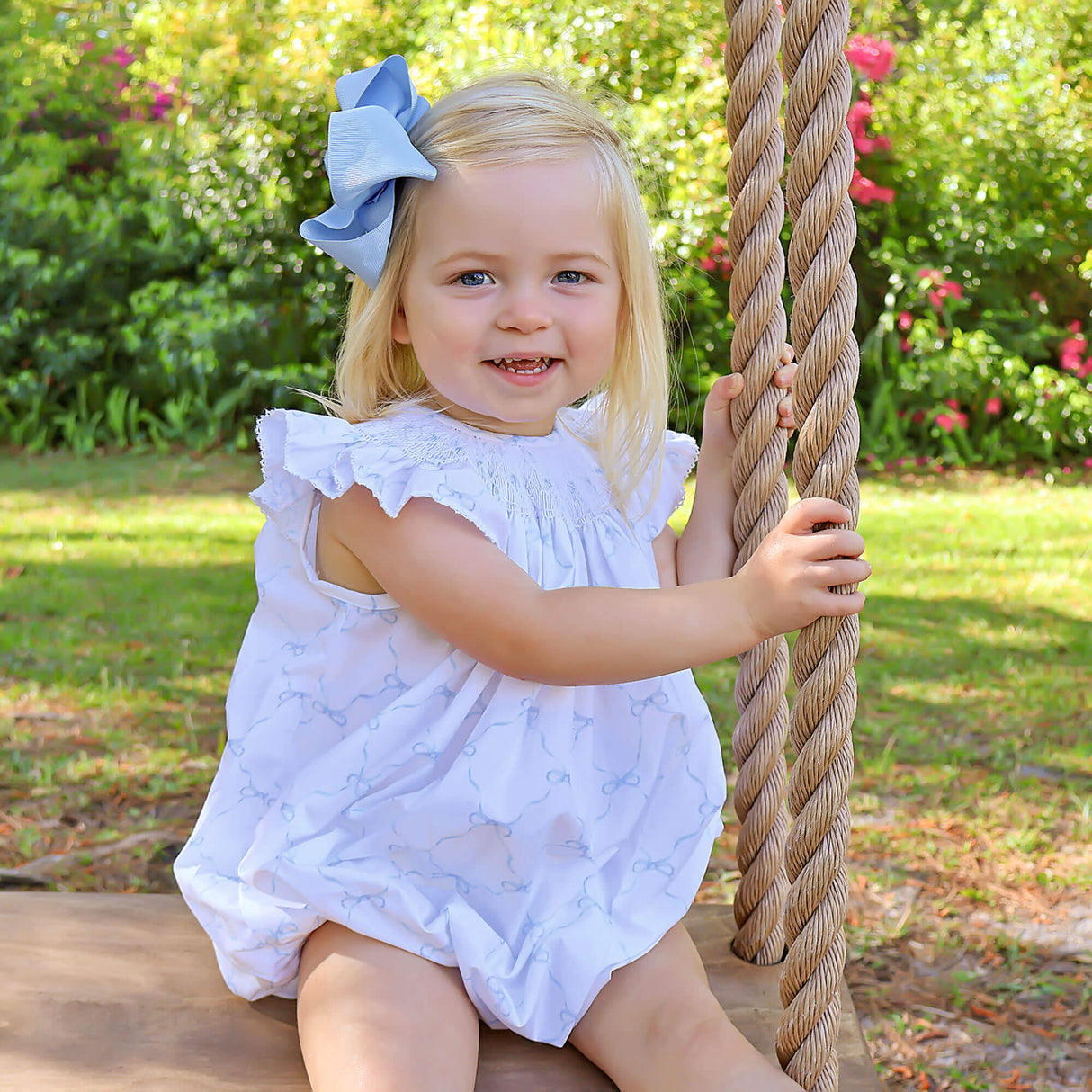 Little Blue Bow Smocked Angel Sleeve Bubble