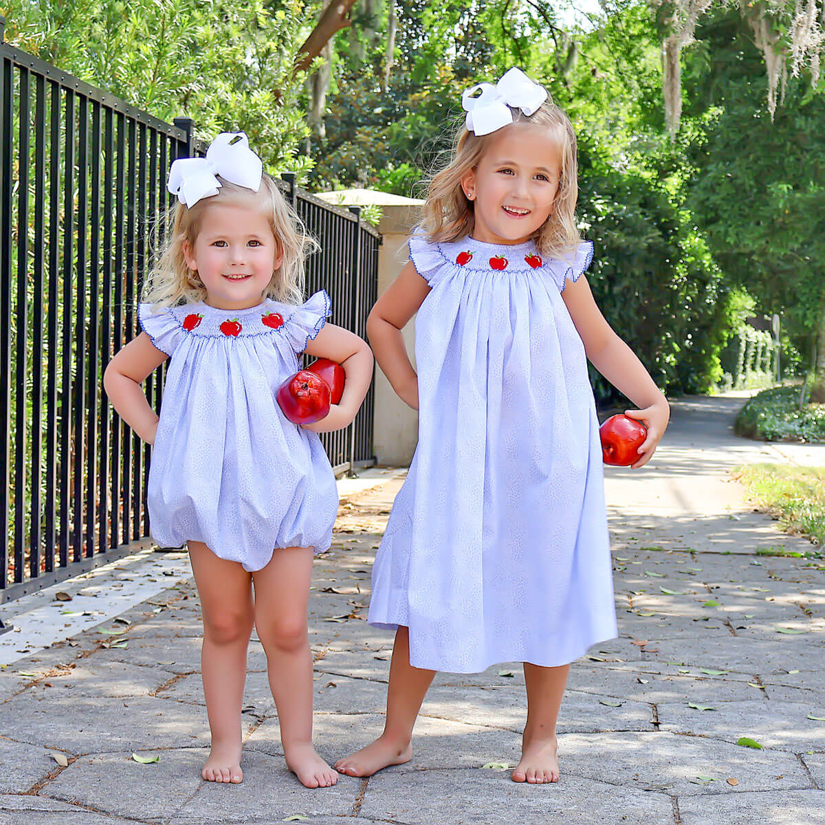 Apple Smocked Blue Floral Angel Sleeve Dress