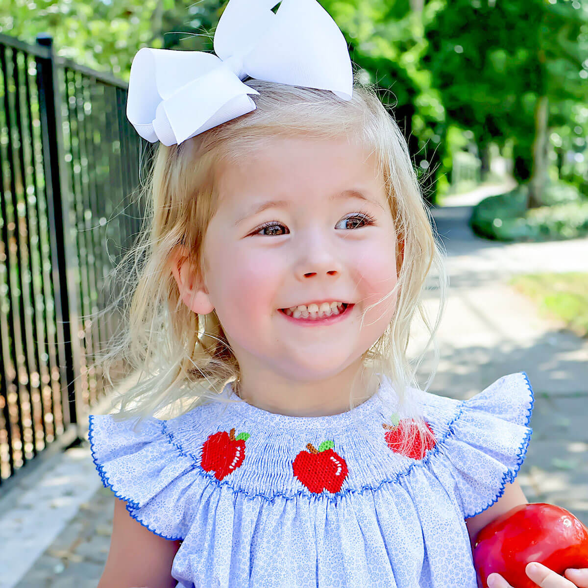 Apple Smocked Blue Floral Angel Sleeve Bubble