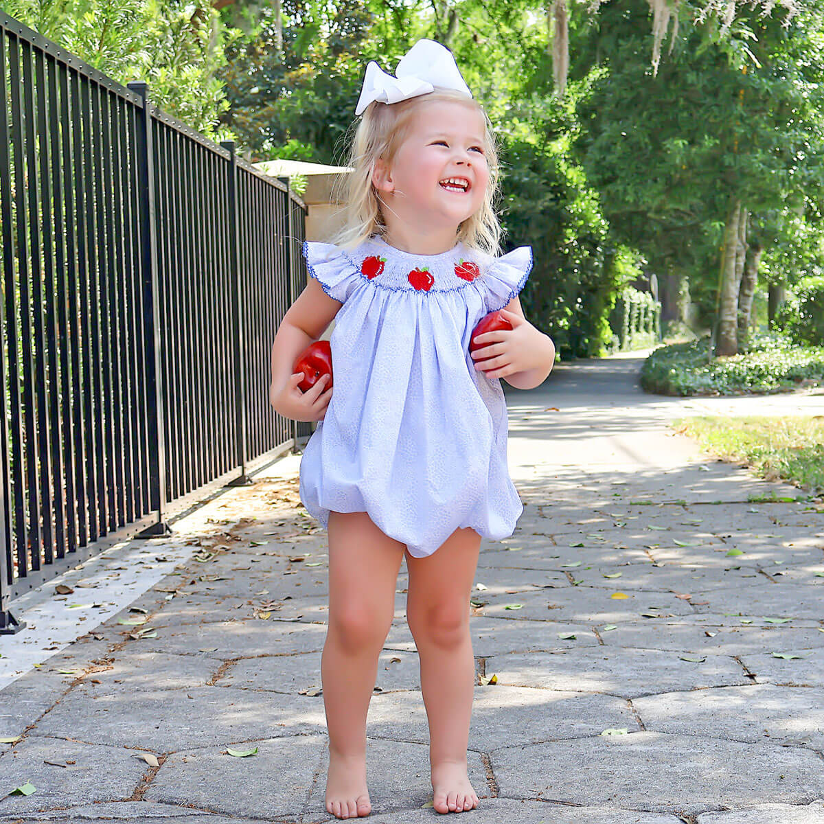 Apple Smocked Blue Floral Angel Sleeve Bubble